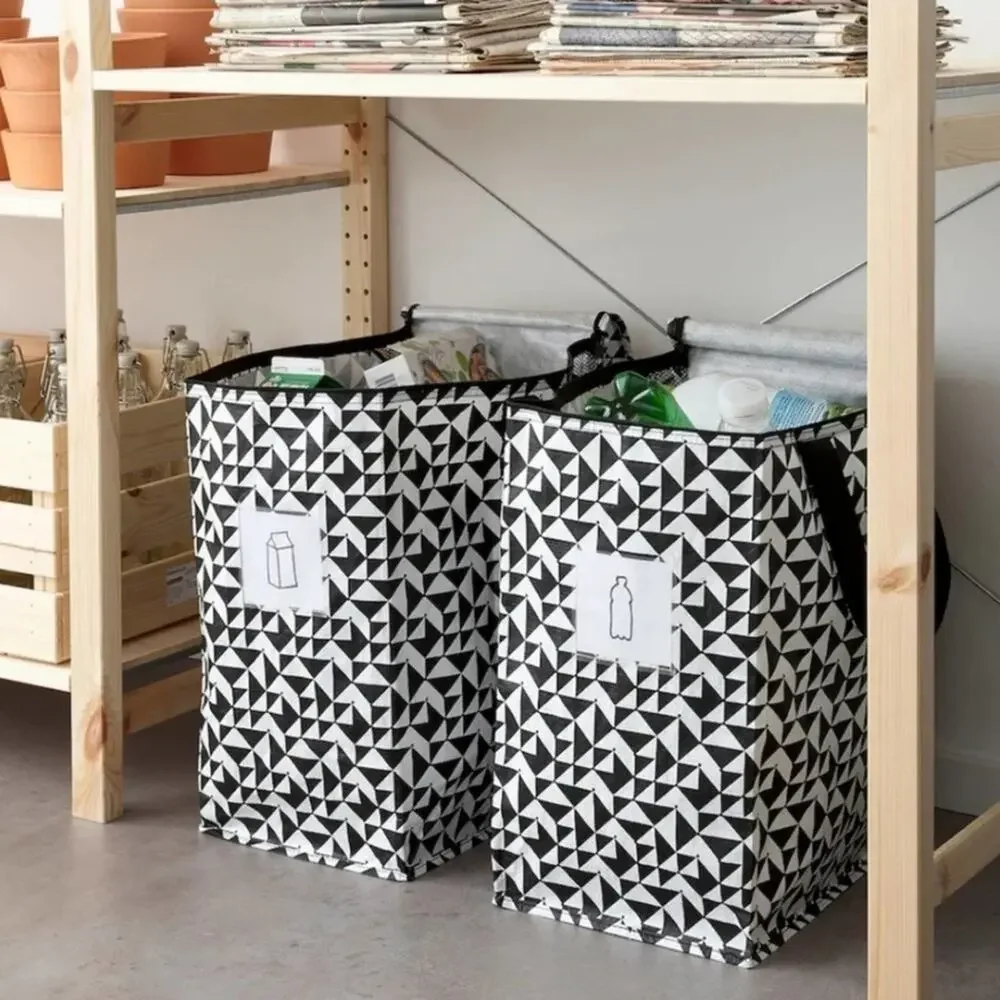 IKEA - KNALLA Two (2) Reusable Tote Bags Black & White Geometric Storage Recycle